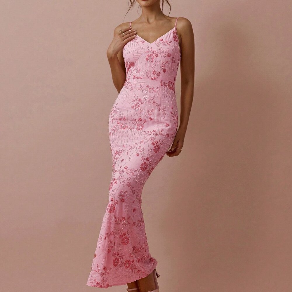 Pink Elegant Womens Romantic V-Neck Suspender Maxi Dress